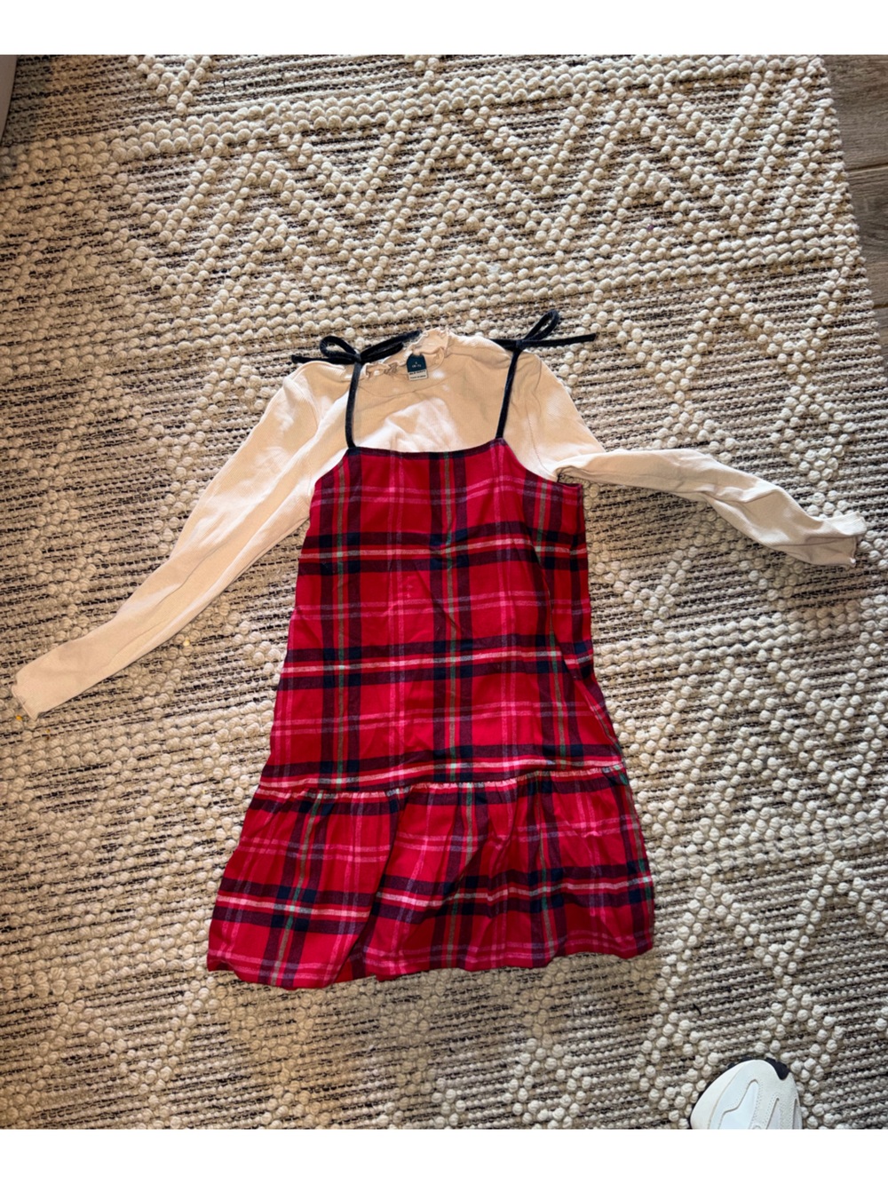 Old Navy Cream and Plaid Dress with Navy Tie Detail